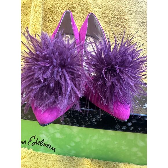 Sam Edelman Haide Fuchsia Feather Suede Leather Pom Pom Stiletto Pumps Heels 10M - Picture 6 of 12
